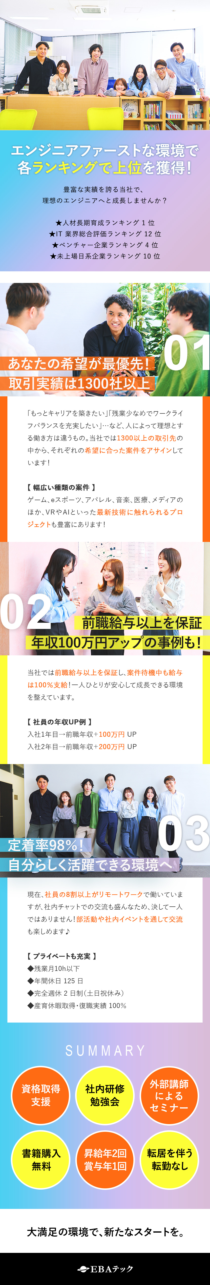 定着率98%◎転職口コミサイトで1位の実績あり！／8割がリモート案件◎社員の想いを重視した待遇＆社風／前職給与UP保証◎年収100万円以上UPの実例あり／ＥＢＡテック株式会社