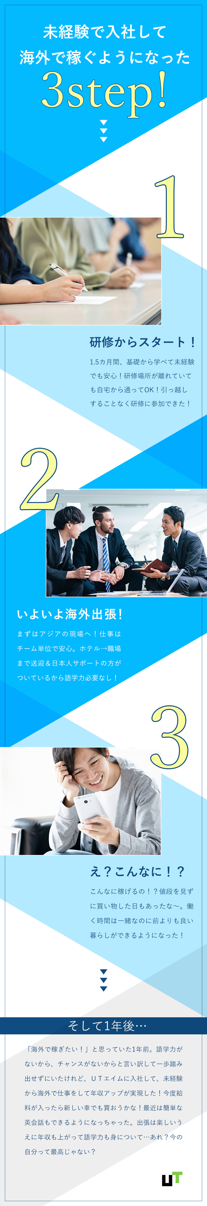 【稼げる】入社1年目で年収600万円の実績あり！／【語学力不問】出張先では日本人によるサポートあり！／【引っ越し不要】住まいを変えずに海外へ出張できる！／ＵＴエイム株式会社