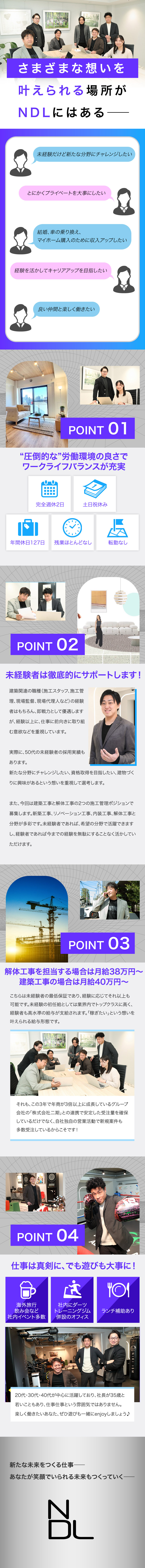 3年で売上が3倍以上に成長している二期グループ／新築、リノベーション、解体など多彩な工事を受注／未経験者も最低保証月給38万円～！高収入を目指せる／株式会社NDL