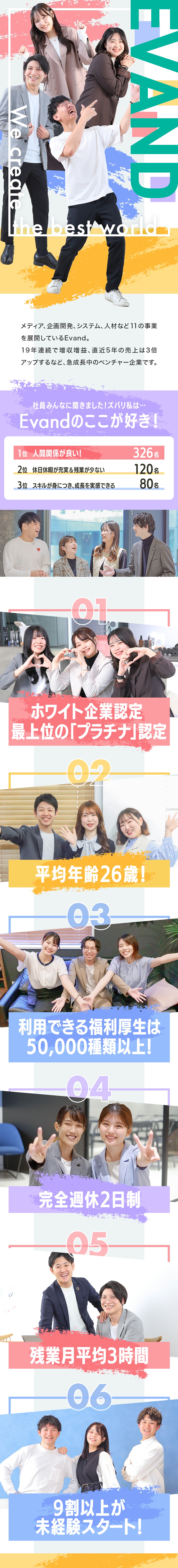 ◆完休2日／残業月3h／転勤なし／産育休実績多数♪／◆ホワイト企業認定最上位の「プラチナ」受賞！／◆友達採用！平均年齢26歳＆9割以上未経験スタート／Ｅｖａｎｄ株式会社(ＦＩＤＩＡグループ)