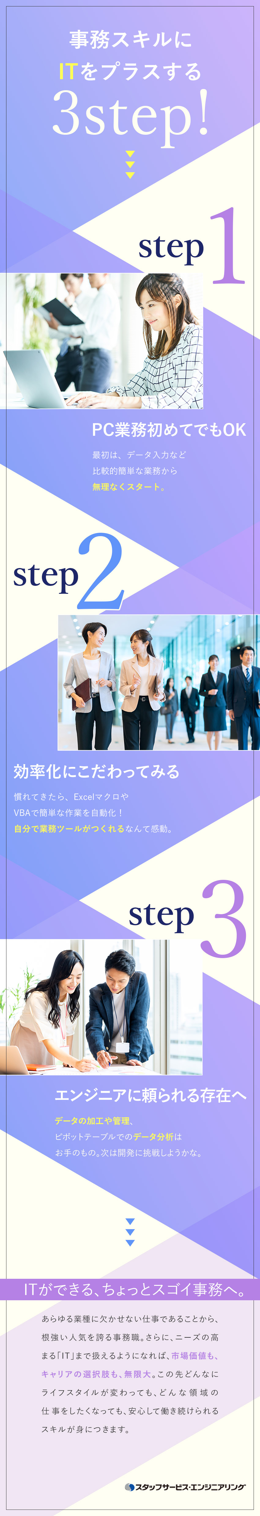 【事務＋IT】ニーズの高いスキルをW習得！安定感◎／【未経験歓迎】業務を通してイチから学べる／【働きやすさ】お休みがとりやすい！平均有休年11日／株式会社スタッフサービス　エンジニアリング事業本部