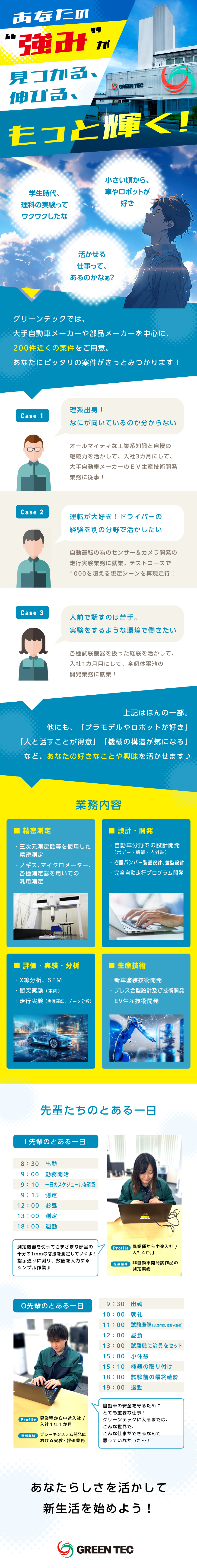 未経験大歓迎／ものづくりの基礎から学べる手厚い研修／大手メーカーが中心／200件超の幅広い案件から紹介／年間休日実質126日／残業月平均20h／正社員雇用／株式会社グリーンテック