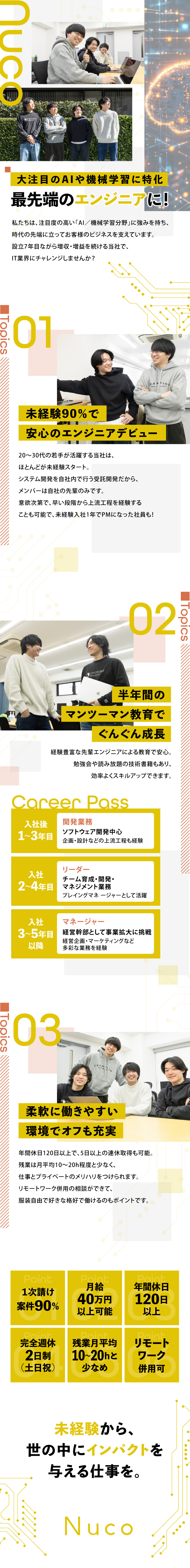 AI／機械学習分野に強み･設立以来増収・増益企業／最先端分野のエンジニア、さらに経営幹部も目指せる／自社勤務／直請け案件多数／月給40万円以上可能／株式会社Nuco