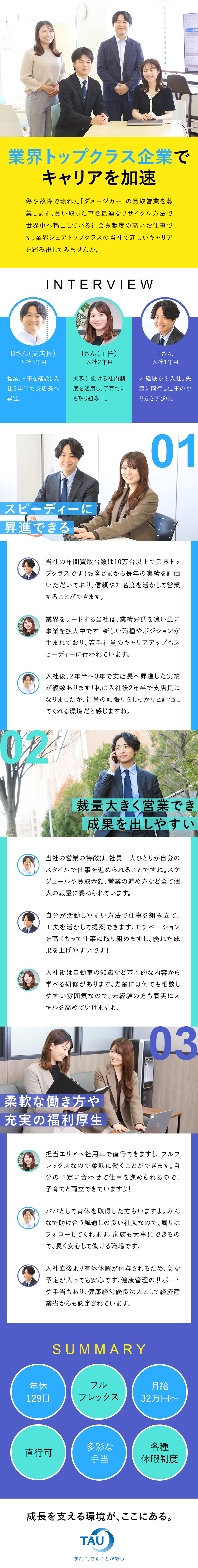 ＜業界トップクラス＞年間買取台数10万台超／＜働きやすさ＞年休129日・健康経営優良法人認定／＜待遇＞月給32万円～+インセンティブ・各種手当／株式会社タウ