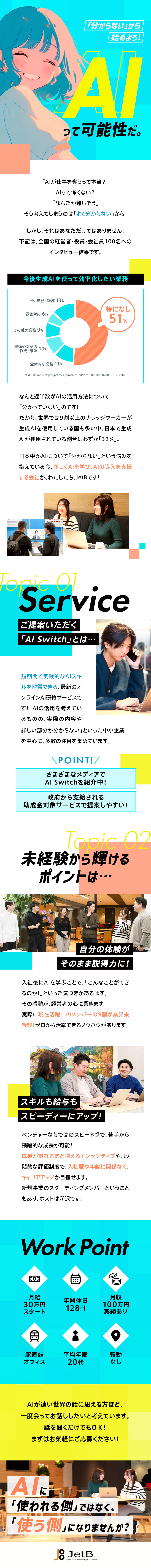 90％が業界未経験！AIとは？！からでスタートOK／月収100万円以上も可能◎稼ぎやすいインセン制度／転勤なし／年休128日&土日祝休み／平均年齢29歳／ＪｅｔＢ株式会社