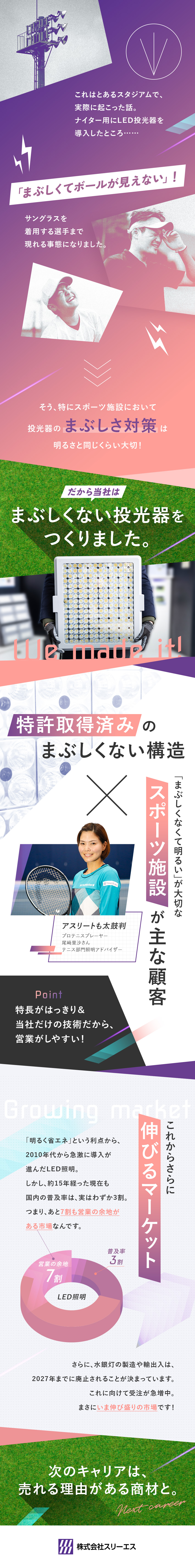 【売りやすい】特許取得の自社製品！眩しくないLED／【広がる市場】2027年に迫る蛍光灯廃止で需要急増／【選べるポジション】外勤／内勤メインを選択可能／株式会社スリーエス