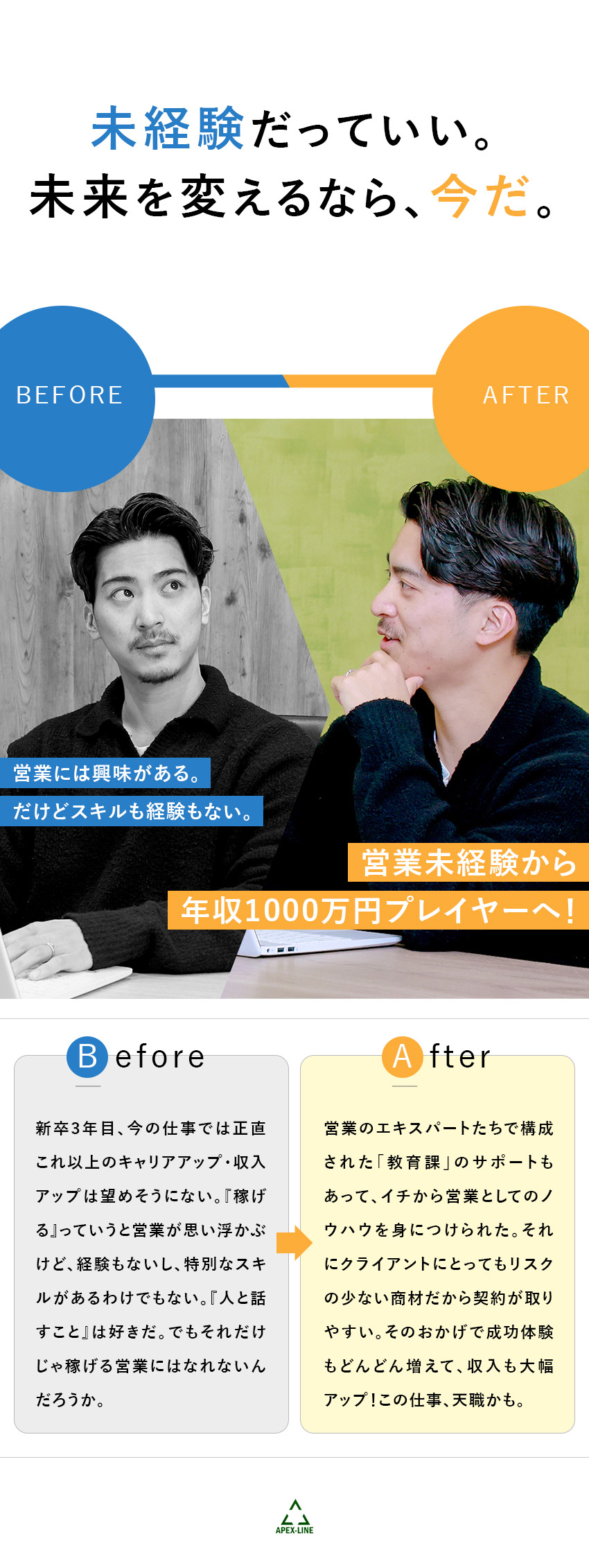 【月給35万円～】未経験でも月給35万円＋インセン／【未経験が6割】育成専門の教育課が徹底サポート！／【売りやすさ◎】商材は初期費用ゼロのWeb広告／株式会社アペックスライン