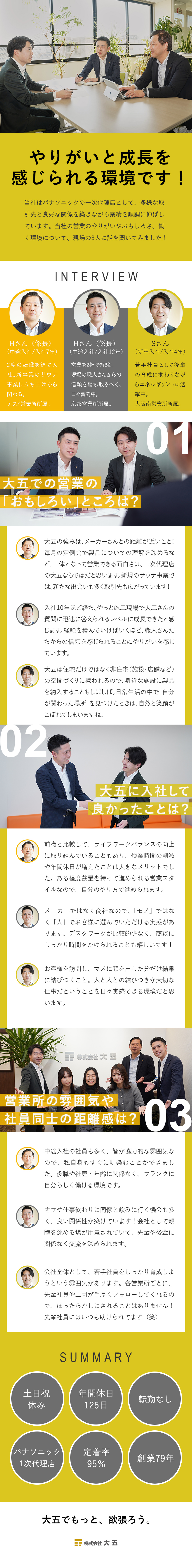 ◎安定性◎関西売上No.1パナソニック一次代理店／◎やりがい◎幅広い商品と施工力で様々な提案が可能／◎働きやすさ◎定着率95％・土日祝休・年休125日／株式会社大五