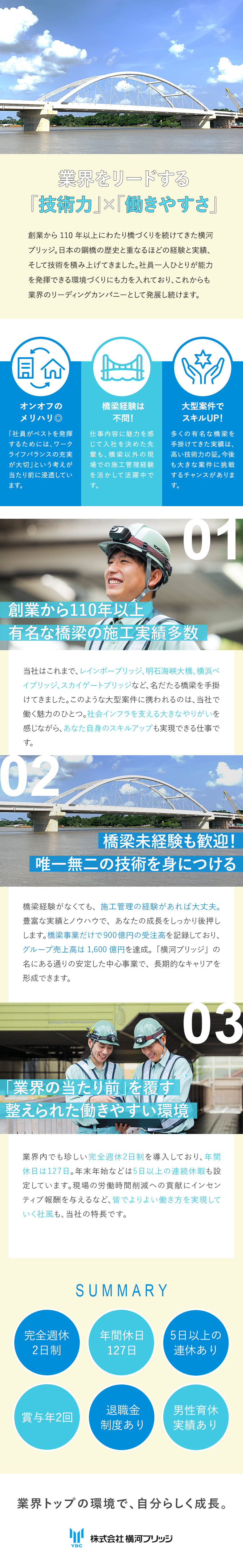 【安定性】創業116年／グループ売上高1600億円／【やりがい】橋梁を通して歴史に残る仕事・社会貢献◎／【待遇】完休2日（土日）／年休127日／賞与年2回／株式会社横河ブリッジ(横河ブリッジホールディングスグループ)