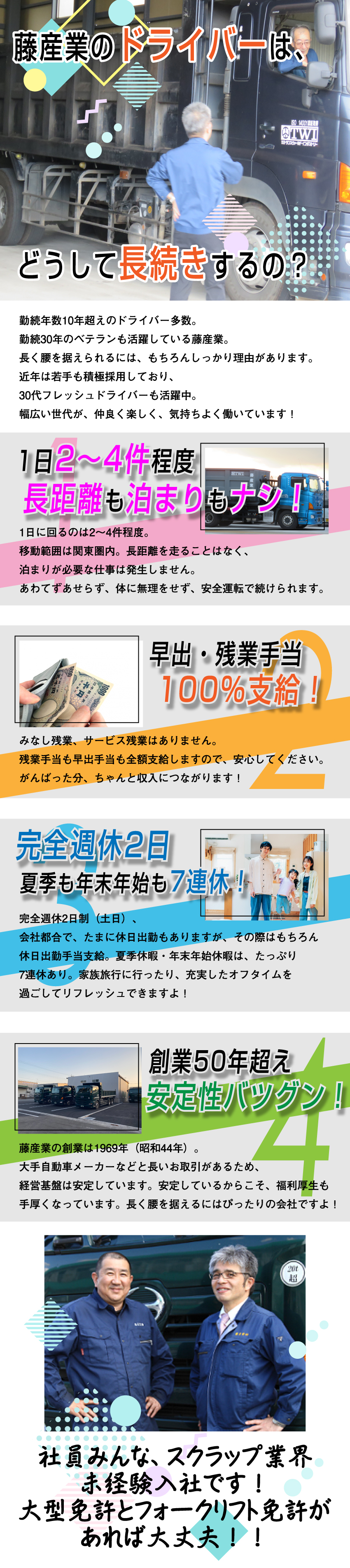 【安定】創業50年以上、顧客は大手、長期勤続者多数／【オフも充実】完全週休2日／夏季・年末年始7連休／【働きやすい】みなし残業ナシ、長距離も泊まりもナシ／藤産業株式会社