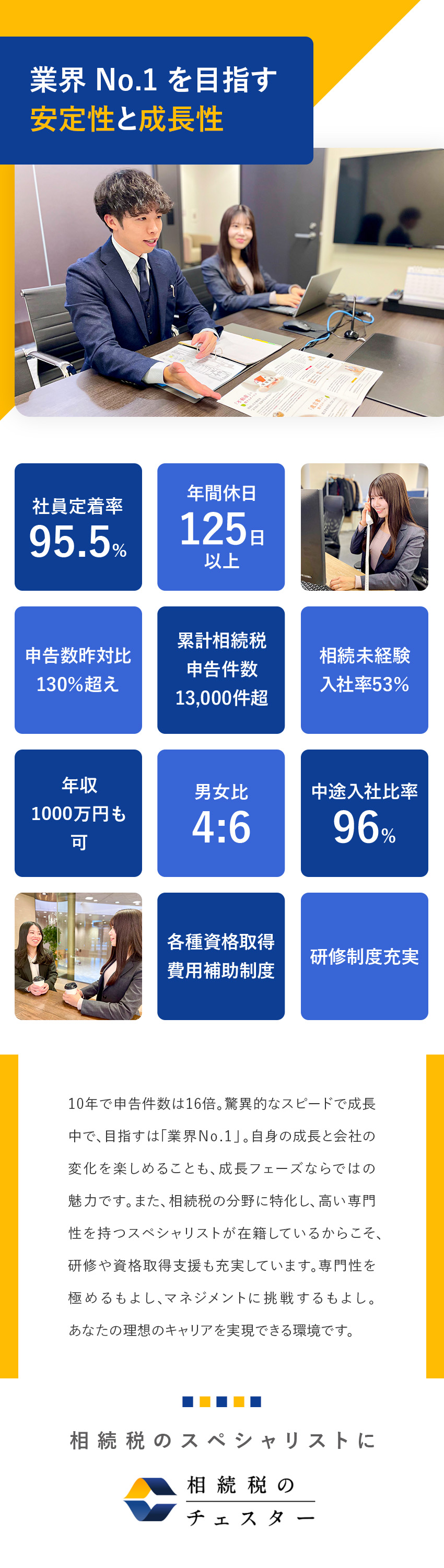 【相続税特化】需要高まる相続税分野で高いブランド力／【業界No.1へ】高い顧客満足度／昨対比130％超／【働きやすさ】年休125日／実働7h／定着率95%／税理士法人チェスター