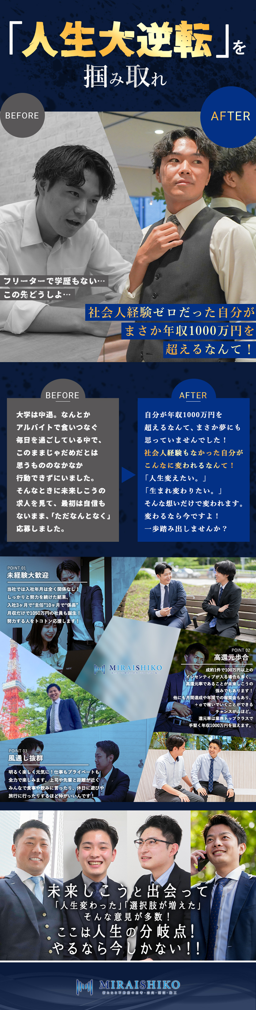 不動産を仕入れる営業で年収1000万以上が目指せる／未経験積極採用！フリーター→年収1000万実績あり／残業はしない風土！定時でほとんどの社員が退社／未来しこう株式会社