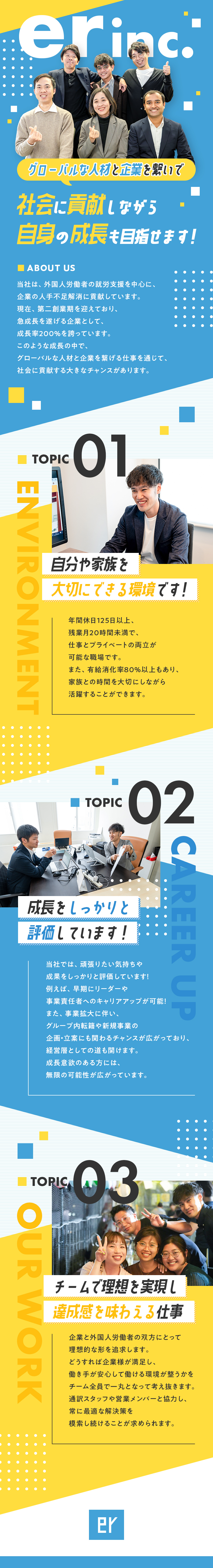 【働きやすさ】年休125日以上／残業月20h以下／【やりがい】人の人生に大きく貢献する仕事／【評価】実力次第でキャリアアップや年収アップが可能／株式会社ｅｒ