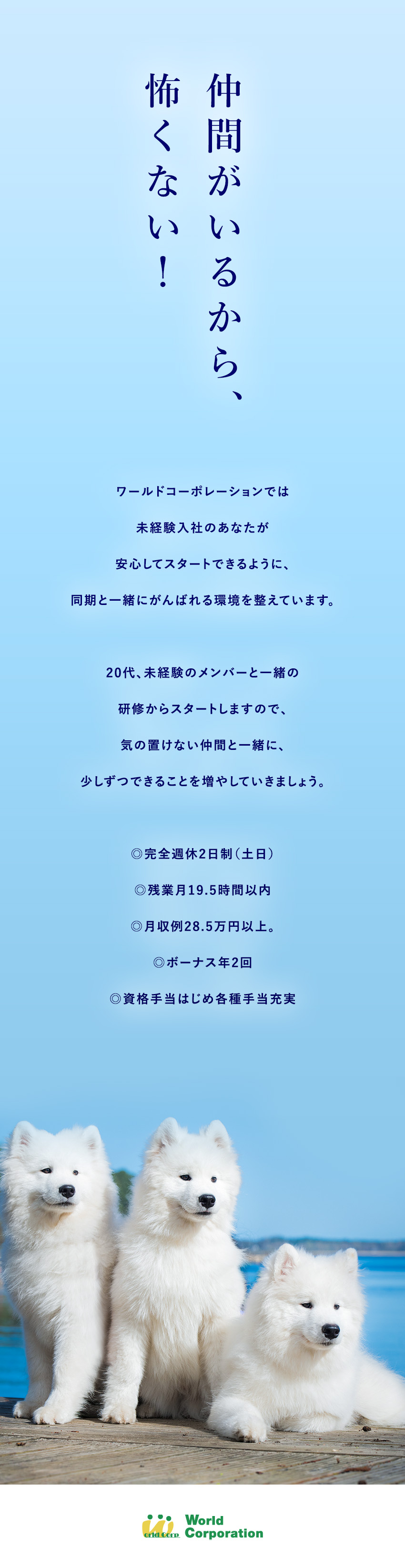 ◇20代の同期と一緒にゆっくり学べる研修制度あり！／◇働きやすい！完全週休2日制／残業少なめ／◇気軽に応募できる！面接1回・即日内定の可能性あり／株式会社ワールドコーポレーション(Nareru Group)