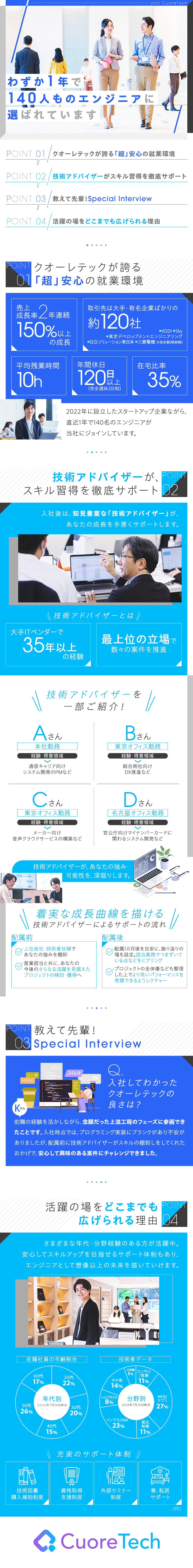 ★前職給与保証／2023年度入社実績140名／★アプリ開発、インフラ、評価、PJ管理等多様な案件／★残業平均10h／年間休日120日／65歳定年制／株式会社クオーレテック