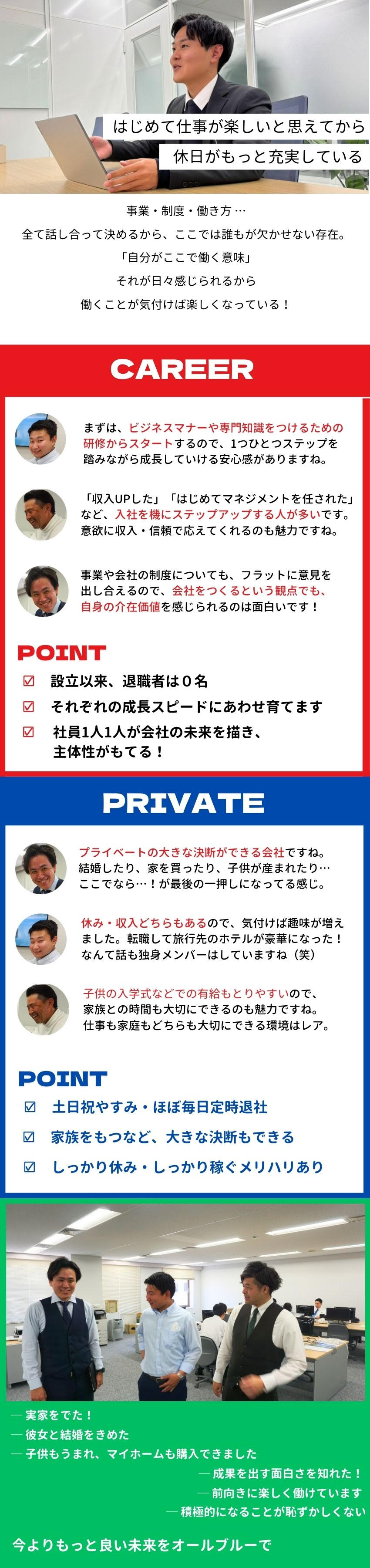 【年間休日130日以上】完全土日祝休み／【成果は収入で還元】高い還元率、充実の手当あり／【新卒・未経験】リスタート歓迎！研修・サポート充実／株式会社ＡＬＬ　ＢＬＵＥ