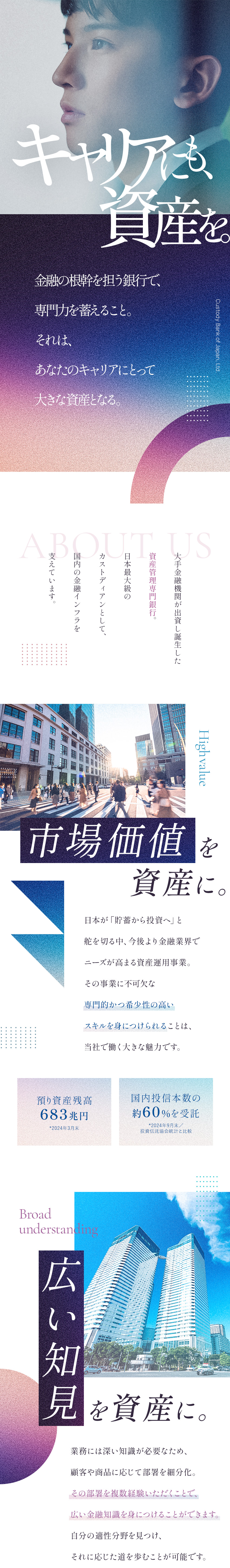 【専門性を磨ける】国内最大級の資産管理専門銀行／【多彩な教育プログラム】勉強会や海外人材育成など／【男性の育休実績も】経産省認定・健康経営優良法人／株式会社日本カストディ銀行