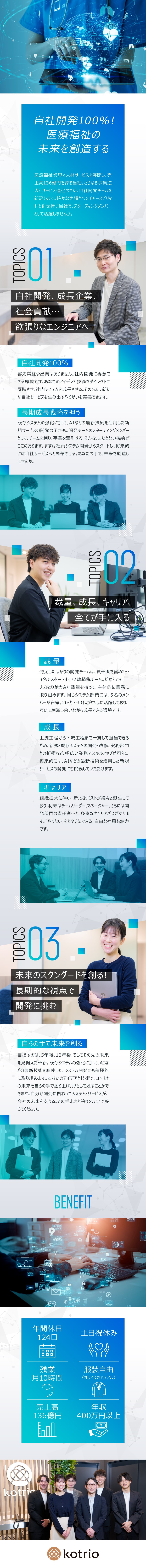 12期連続成長中◆開発チーム始動！立ち上げメンバー／自社システム◆上流～下流まで幅広く携われる！／年間休日124日◆土日祝休／服装自由／自社内常駐／株式会社コトリオ