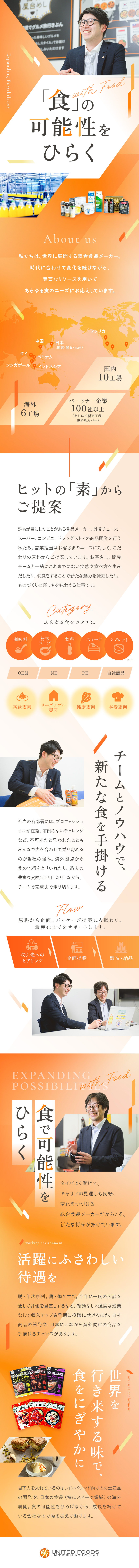 【魅力】幅広い食品に携われる総合食品メーカー／【やりがい】誰もが知る有名企業の食品開発に参画／【働きやすさ】年間休日124日／残業月20ｈ以下／UNITED FOODS INTERNATIONAL株式会社