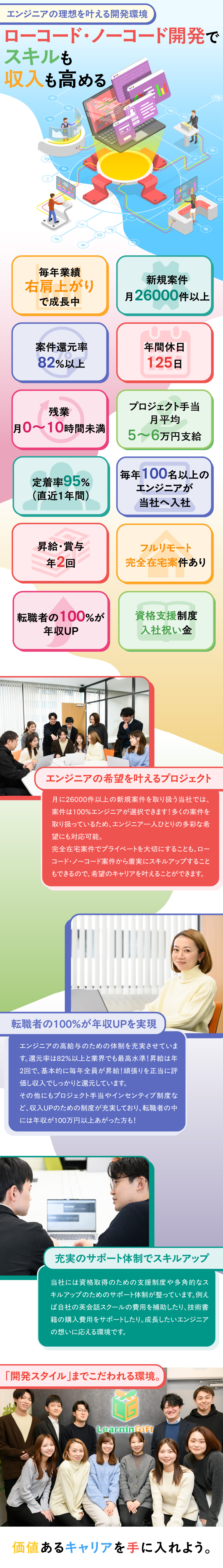 話題の開発スタイル！ローコード＆ノーコード案件多数／高収入を実現！昇給賞与年2回＆案件還元率82％／リモート＆在宅勤務可／年休125日以上／残業ナシ／ラーニンギフト株式会社