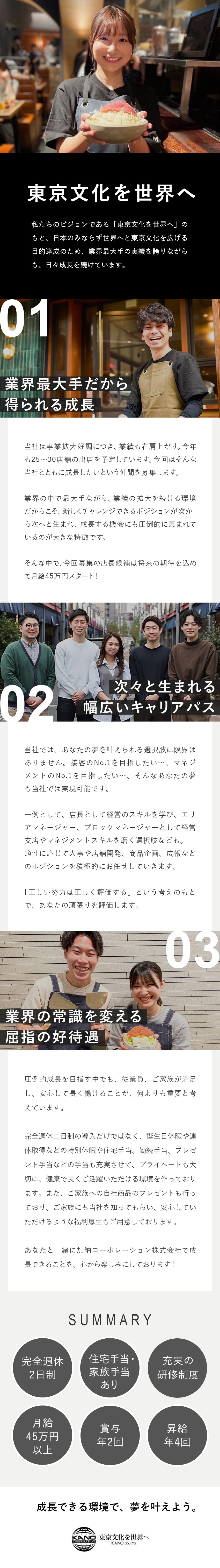 【収入】月給45万円～88万円／昇給・昇格は年4回／【働きやすさ】完全週休2日制／福利厚生充実／【ビジョン】東京文化を世界へ／年25～30店舗出店／加納コーポレーション株式会社