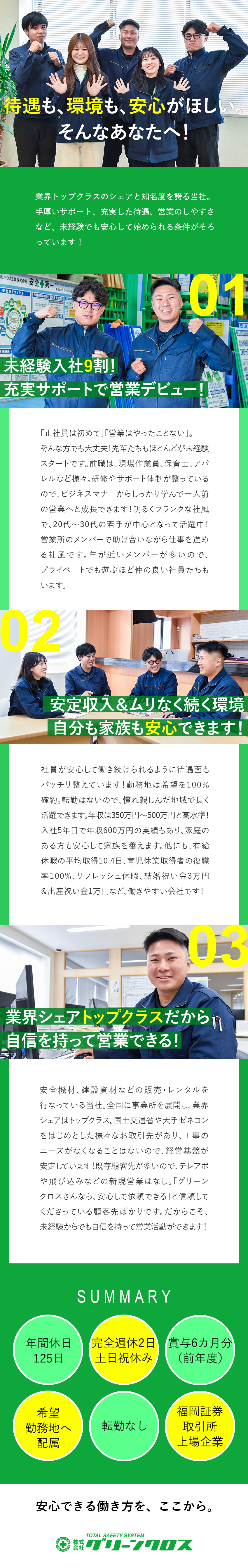 ◎安定性◎「15期連続」で増収増益中の上場企業！／◎既存顧客中心◎飛び込み営業やテレアポは一切なし／◎福利厚生充実◎年休125日・土日祝休・各種手当有／株式会社グリーンクロス（福岡証券取引所上場）
