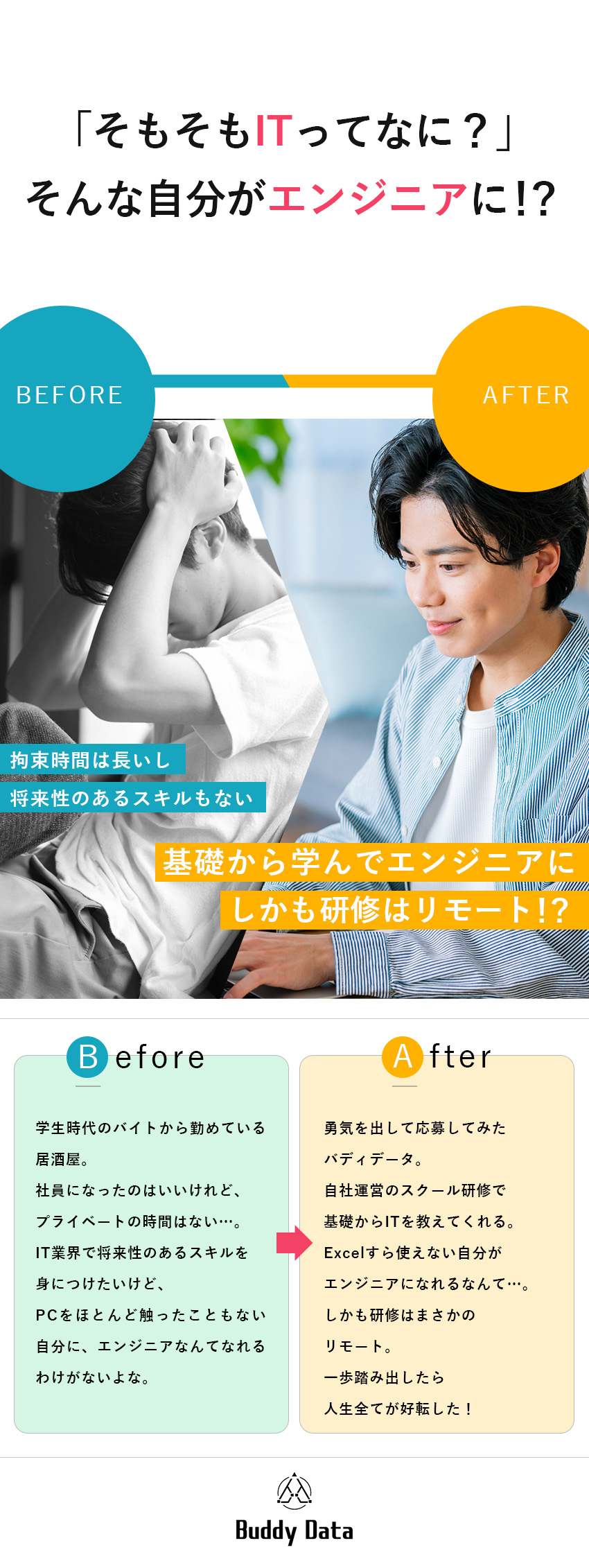 【未経験歓迎】98％の社員がIT未経験スタート！／【将来】リモートやフリーランスなど自由な働き方あり／【育成】メンター制度やEラーニングで継続サポート！／株式会社バディデータ