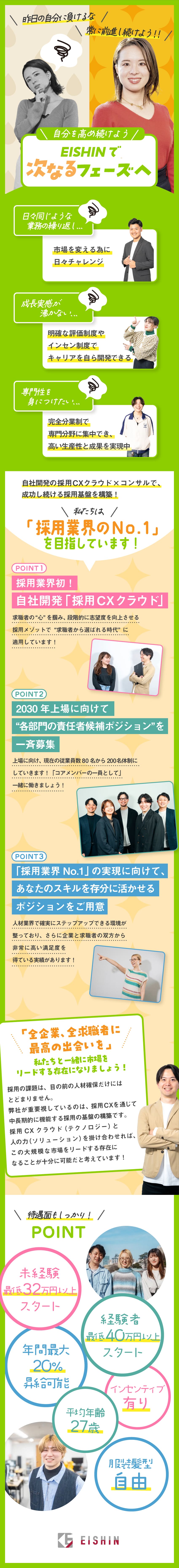 ◆2030年上場に向けて各部門急成長中／設立6年目／◆分業制で専門性を高められる／日本最大級の商材数／◆年間最大20％昇給／昇給年２回／８段階の等級制度／株式会社ＥＩＳＨＩＮ
