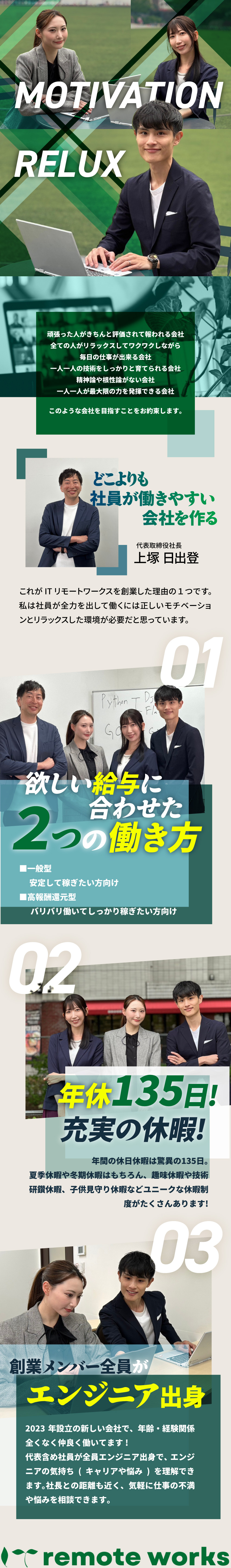 【エンジニアが主役】創立メンバー全員エンジニア出身／【選べる働き方】欲しい給与に合わせた2つの働き方／【働きやすさ重視】年休135日！ユニークな休暇多数／株式会社ＩＴリモートワークス