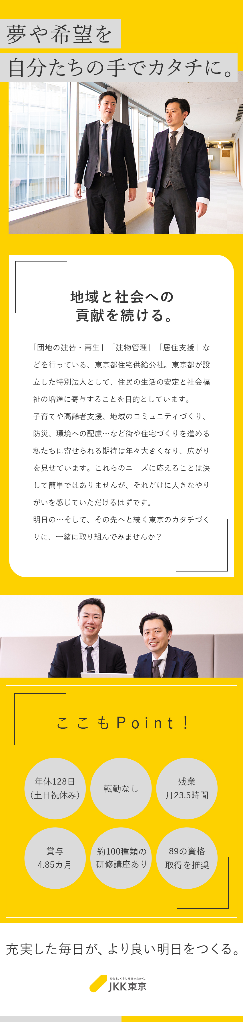 【安定基盤】公社ならではの安心経営と無理ない案件／【好環境】土日祝休み／年休128日／残業25H程度／【好待遇】研修・資格取得支援あり／賞与4.85カ月／東京都住宅供給公社