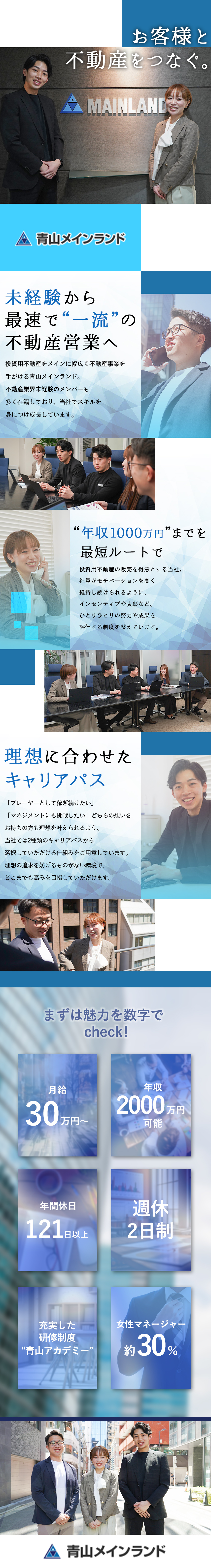 未経験歓迎｜多くの先輩社員が成長してきたノウハウ／高収入実現｜インセンティブ＆早期昇格で給与アップ／成長が叶う｜トッププレーヤーもマネジメントも選べる／株式会社青山メインランド