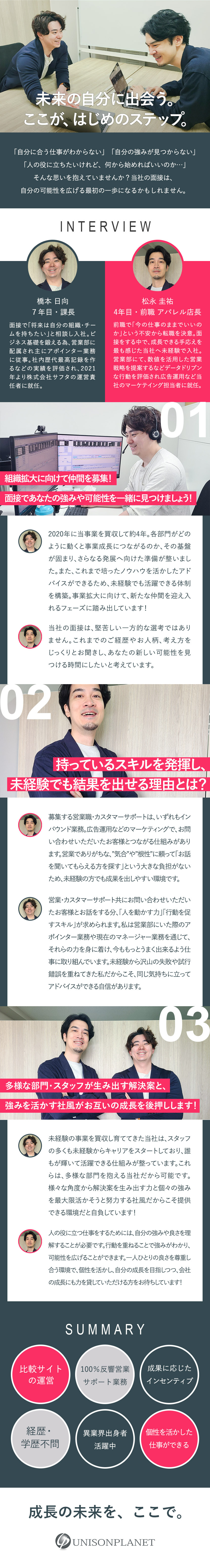 あなたの”強みや個性”を活かせるポジションへ配属／100％反響型のため、未経験でも早期に活躍できる／月給26万円以上／各部門インセンティブあり／株式会社ユニソンプラネット
