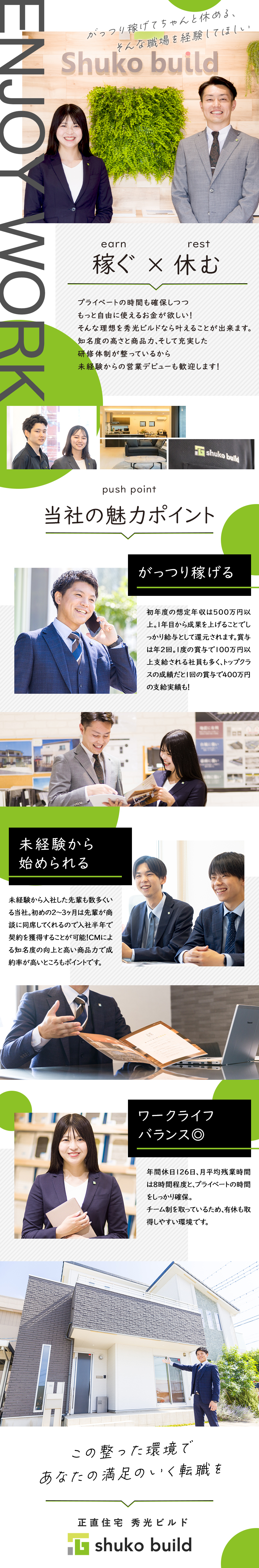 未経験者でも売れる知名度・商品力と研修体制／ご紹介やお客様からの問い合わせでの100％反響営業／年間休日126日／月残業平均8h／社宅あり／株式会社秀光ビルド