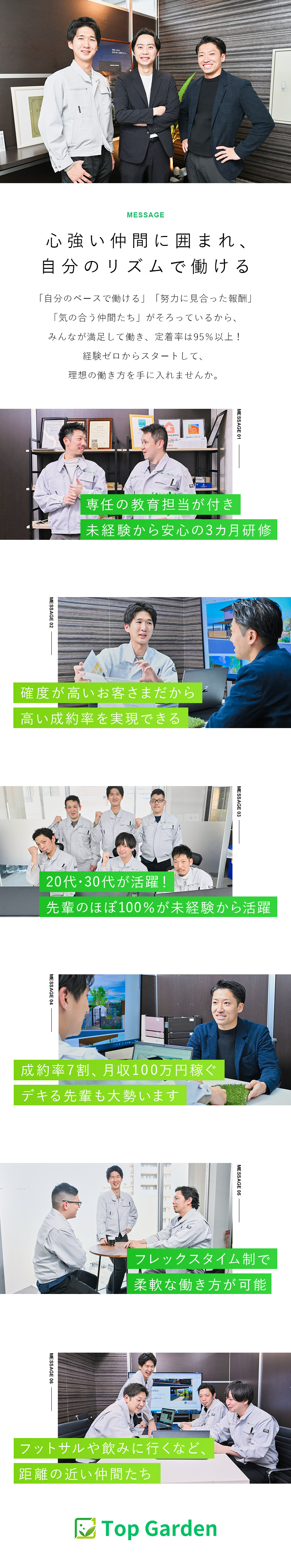 【高収入】インセンティブで月収100万円以上も可！／【100％反響営業】充実の研修があり未経験者も安心／【働き方は自分で決める】フレックス／完全週休2日制／株式会社トップガーデン