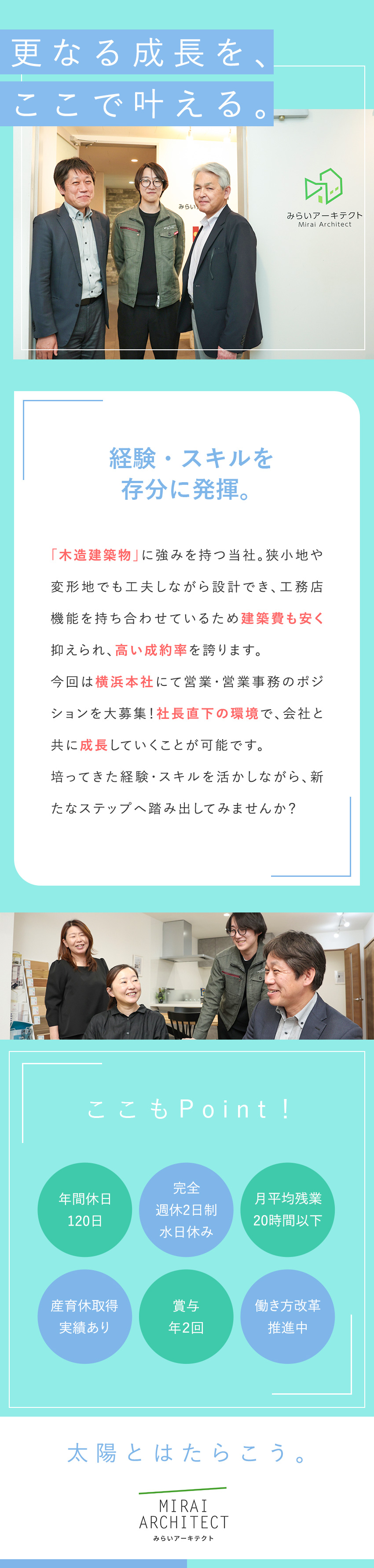 【環境】年休120日／完全週休2日制・水日休み／【成長】社長直下の環境で幅広い知識を吸収／【待遇】資格支援あり／年収1000万円も実現できる／株式会社みらいアーキテクト(リアルホールディングスグループ)