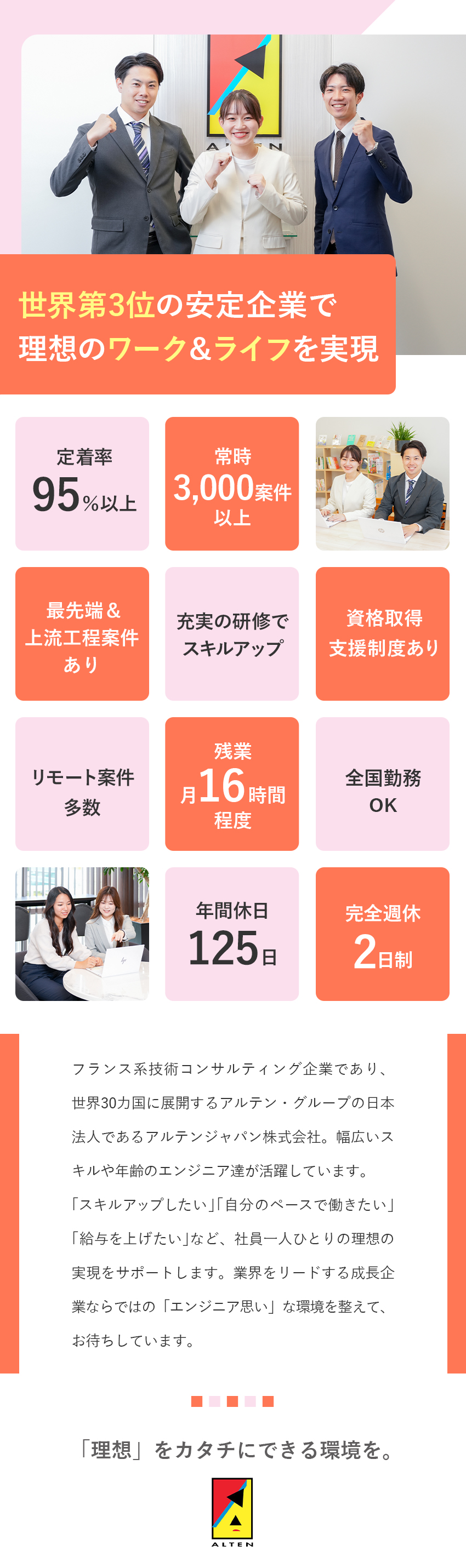 【案件3,000超】最先端＆上流工程／プライム案件／【スキルアップ◎】充実の研修制度・eラーニングあり／【働きやすさ◎】年休125日／土日祝休／残業少なめ／アルテンジャパン株式会社