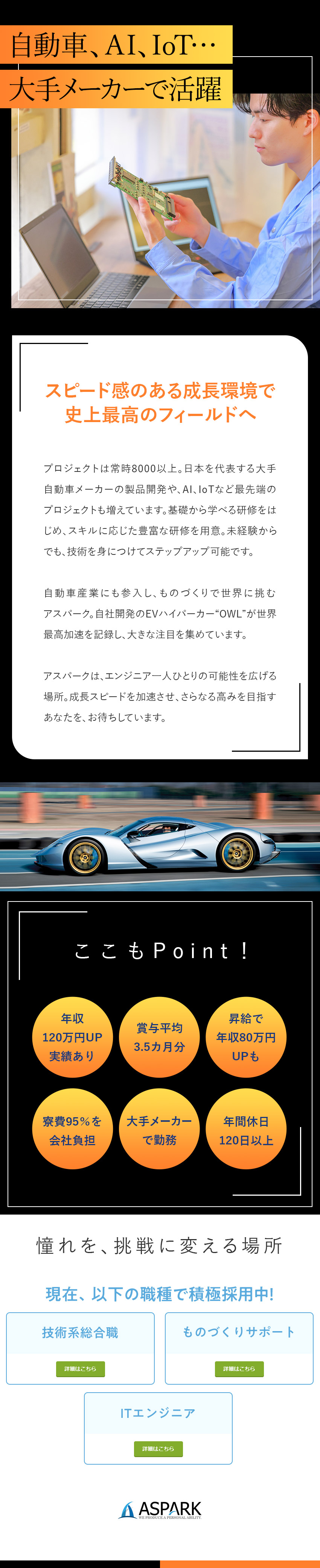 大手メーカー中心に自動車・AI・IoTなど案件多数／年収120万円UP実績あり／賞与平均3.5カ月分／土日祝休み／在宅勤務可／寮費95％補助／転勤なし／株式会社アスパーク