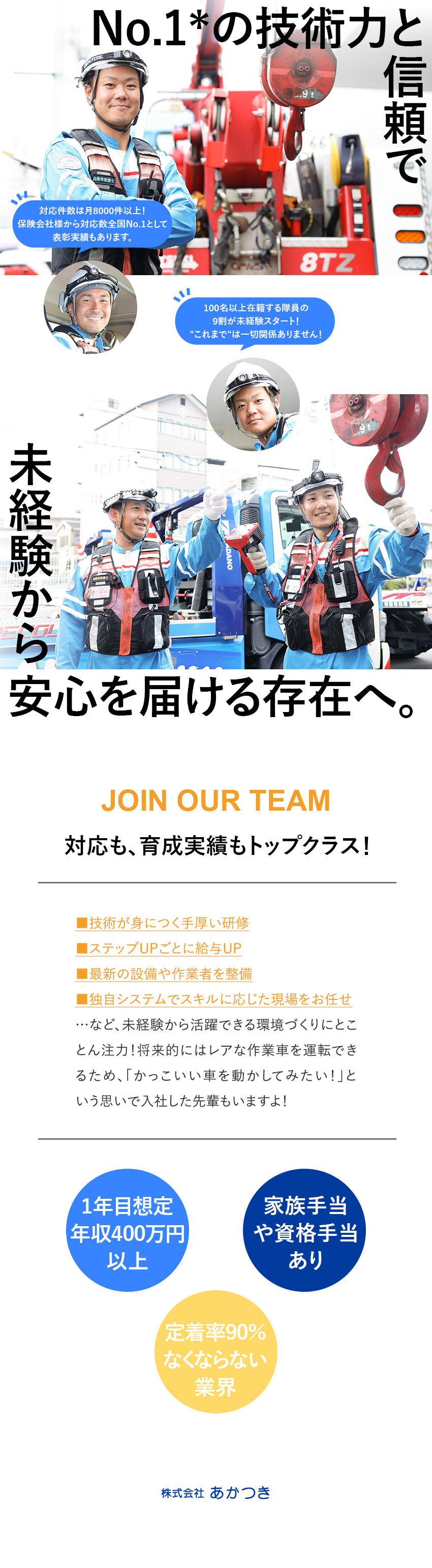 【安定】関西対応数トップクラス／No.1表彰実績有／【収入】初年度年収400万円～／家族・資格手当充実／【安心】なくならない業界＆定着率90％＆研修充実／株式会社あかつき