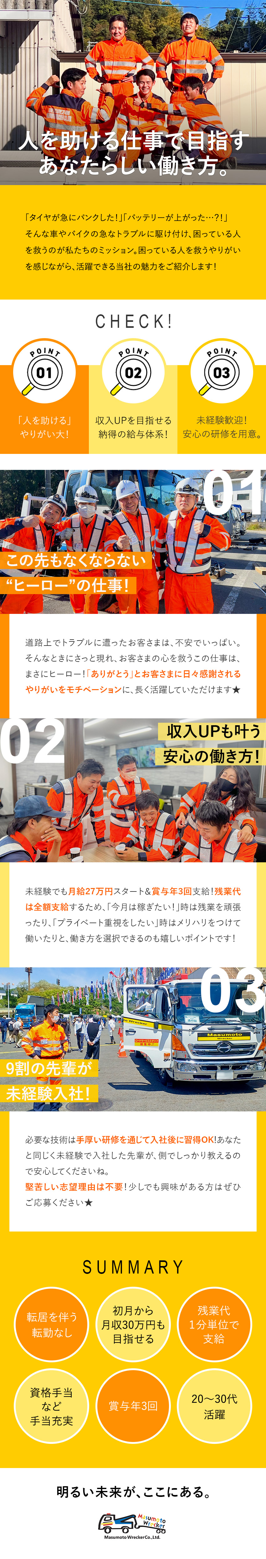 【成長】いつの時代も必要とされる一生モノのスキルを／【やりがい】トラブルを解決して困った人を助ける！／【待遇】月収30万円以上可／賞与年3回／寮完備／株式会社桝本レッカー