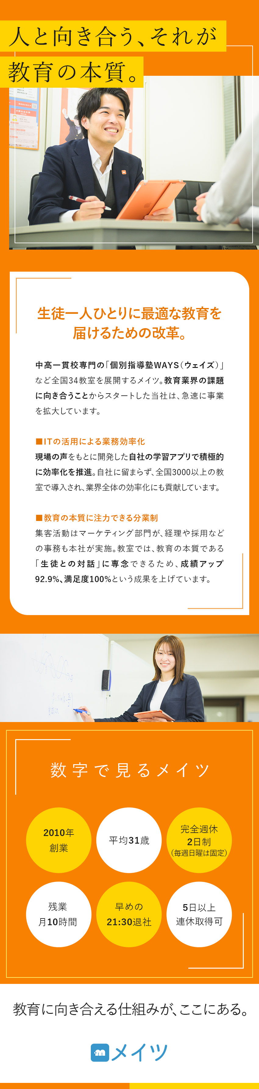 【新教育】自社アプリ活用／中高一貫校に絞った塾運営／【働きやすさ】完全週休2日制／残業平均10時間／【キャリアアップ】早期の昇給・昇格／複数教室の統括／株式会社メイツ