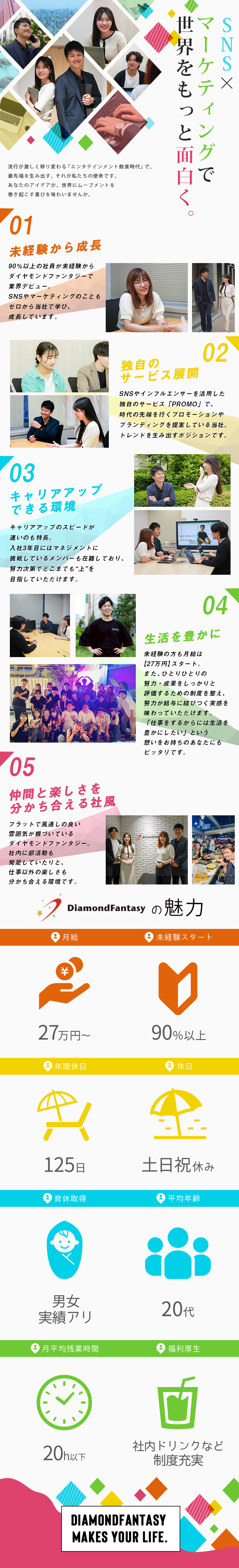 未経験歓迎＊充実研修で経験ゼロから挑戦をサポート／キャリアアップ＊入社3年目でマネジメントも挑戦可能／メリハリのある生活＊年休125日&月残業20h以下／株式会社ダイヤモンドファンタジー