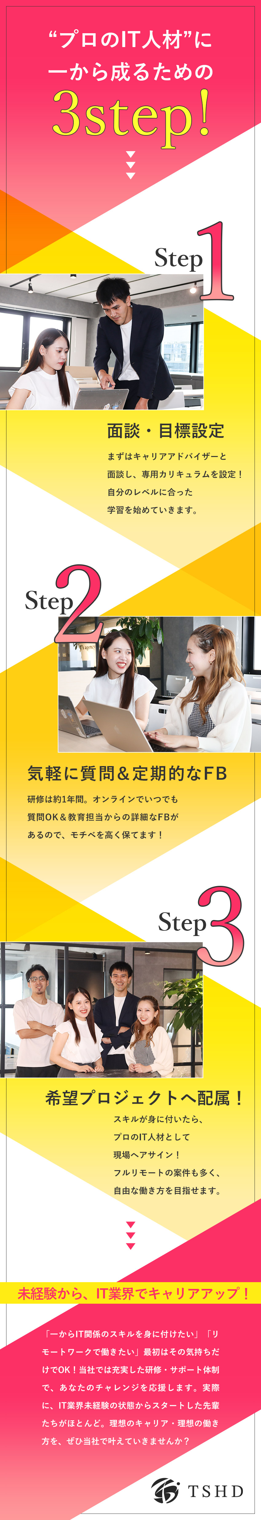 【研修充実】個別育成カリキュラムで一からIT人材に／【安心】教育担当×キャリア担当の2名体制でサポート／【待遇◎】年休120日～／定時退社／月給25万円～／株式会社ＴＳＨＤ