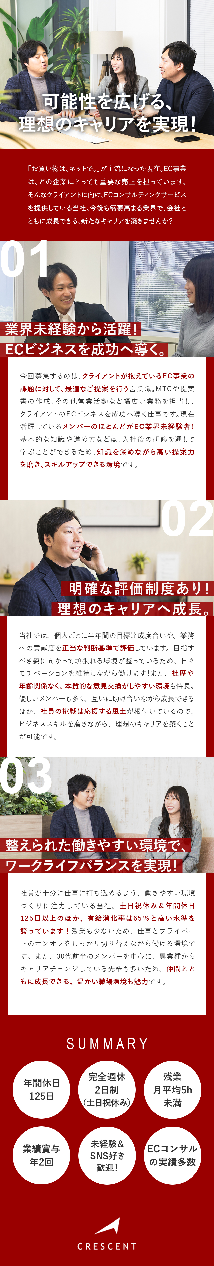 【企業の安定性】将来性のある事業で、自身も成長！／【業界未経験歓迎】これまでの経験を活かせる！／【待遇】年休125日／土日祝休／残業月平均1.3H／株式会社Ｃｒｅｓｃｅｎｔ（クレセント）