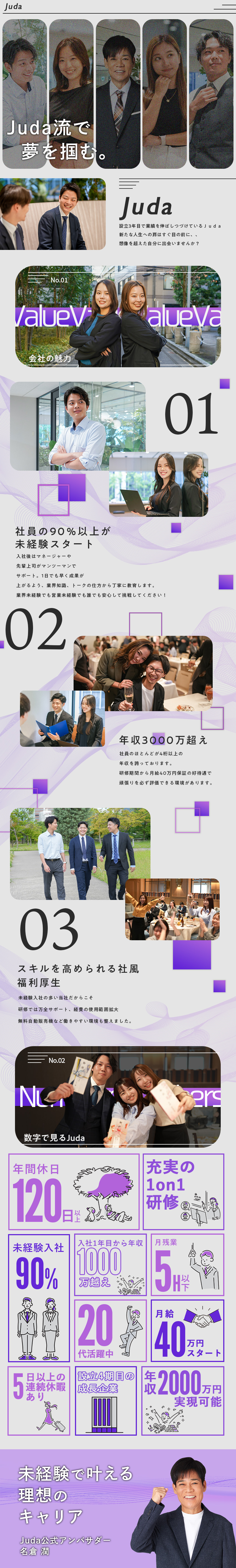 稼げる環境⇒未経験で年収2000万overを叶える／業務環境⇒テレアポや飛び込み事務作業の業務一切無し／万全研修体制⇒未経験スタートでも安心の研修制度／株式会社Ｊｕｄａ