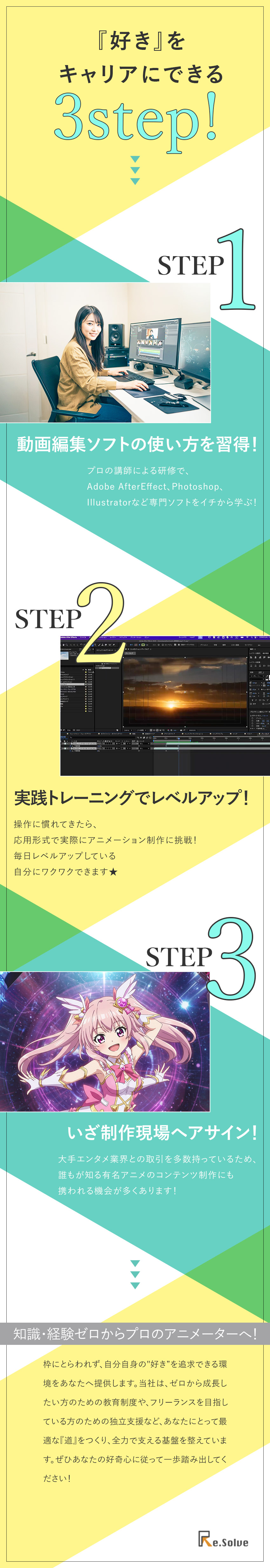 【★未経験歓迎】イチから動画編集スキルをサポート！／【★働きやすさ】研修終了後はフルリモート勤務可能！／【★やりがい】多彩な案件＆有名アニメ制作に携われる／合同会社Ｒｅ．Ｓｏｌｖｅ