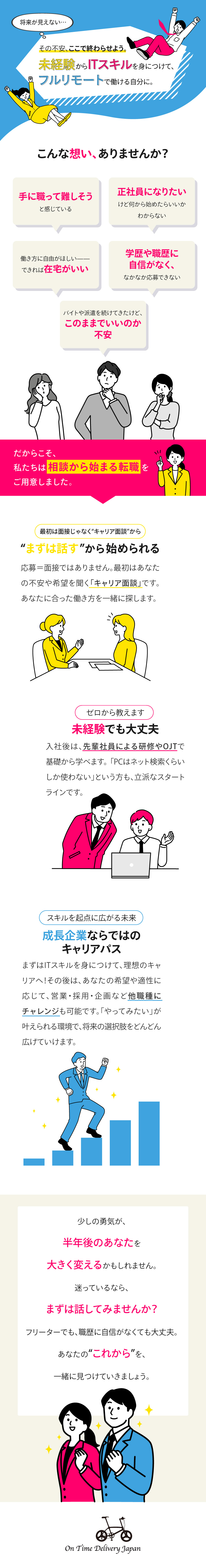 エンジニアとしてゼロからスキルを身に付けられる！／月給25万円以上+土日祝休みで安心の待遇あり／特許取得の自社サービスあり！技術力にも自信あり／オンタイムデリバリージャパン株式会社
