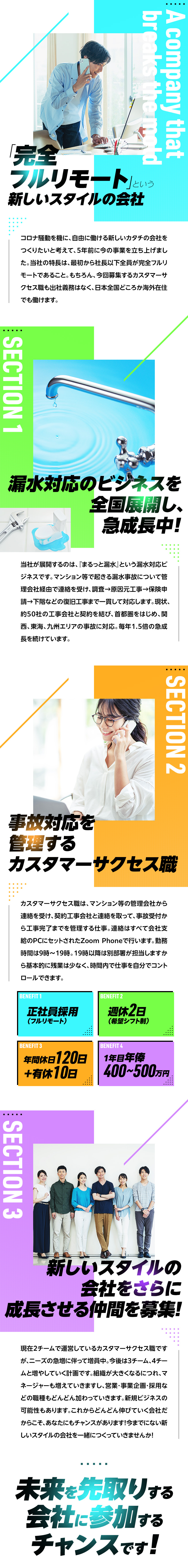 ★完全在宅・出社義務なし。全国・海外どこでも働ける／★漏水事故に関する各種電話手配の仕事／★年休120日。自由でプライベートも楽しめる働き方／Ｔ・Ｊ株式会社