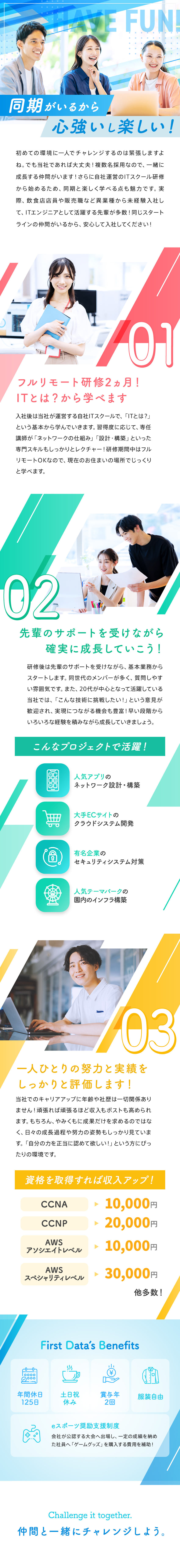 自社ITスクールあり！同期と一緒に基本から学べる！／研修後は先輩のサポートを受けながら少しずつ成長！／土日祝休み、基本定時退社、長期休暇取得OK！／株式会社ファーストデータ