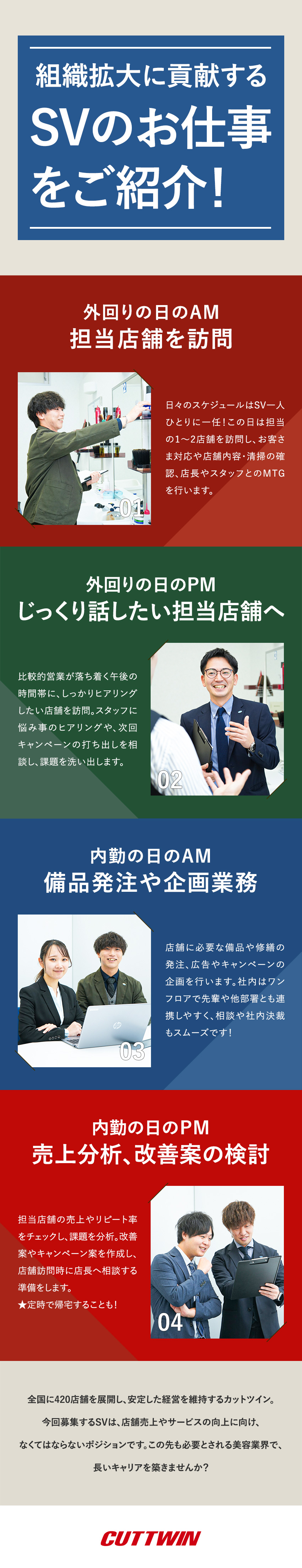 【成長企業】全国420店舗展開！毎年新規店舗出店／【未経験歓迎】研修充実／お客さま目線で店舗を改善／【働きやすさ】基本定時退社／完休2日／有給取得率高／株式会社カットツイン