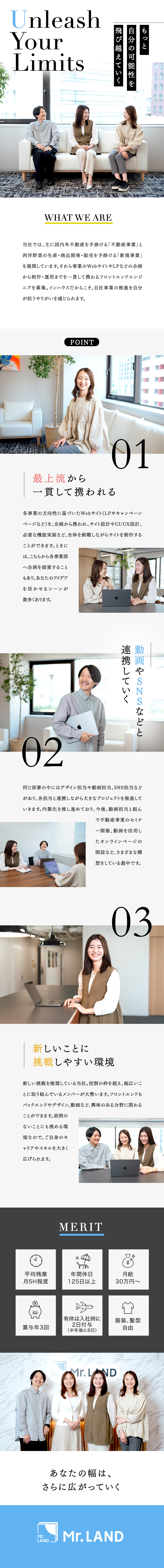 国内・海外不動産／西洋野菜販売の広報・PRに携わる／フロントエンドにとどまらない、幅広いキャリア／平均残業月5H／年間休日125日／男性の育休実績有／Ｍｒ．ＬＡＮＤ株式会社